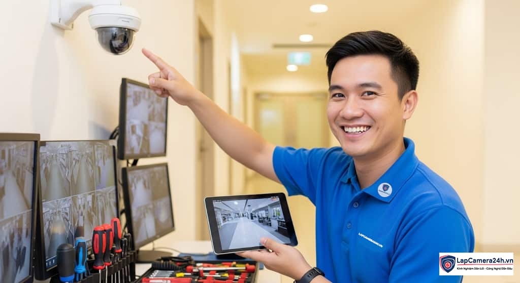 Kỹ thuật viên kiểm tra hệ thống camera CCTV theo chính sách hoàn trả của Lapcamera24h.vn